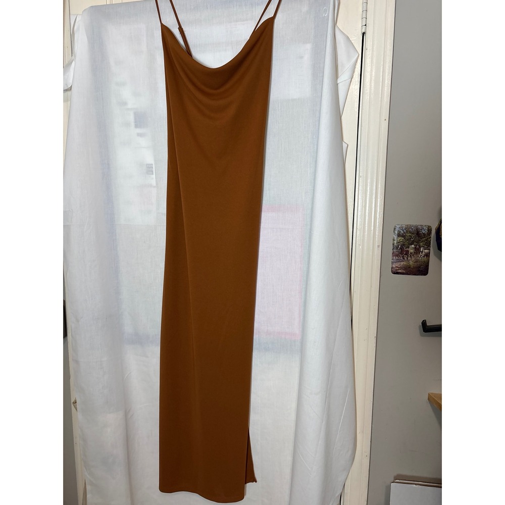 Be Cool Rust Brown Cowl Neck Maxi Slip Dress with Side Slit and Cross Back L